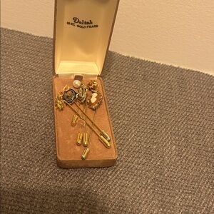 Vintage 12k Gold Filled Delltah Stick Pin and 5 Vintage Gold Color Stick Pins.